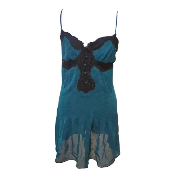 Vintage Victoria Secret teal printed lace trim button detail chemise s small - Picture 1 of 3